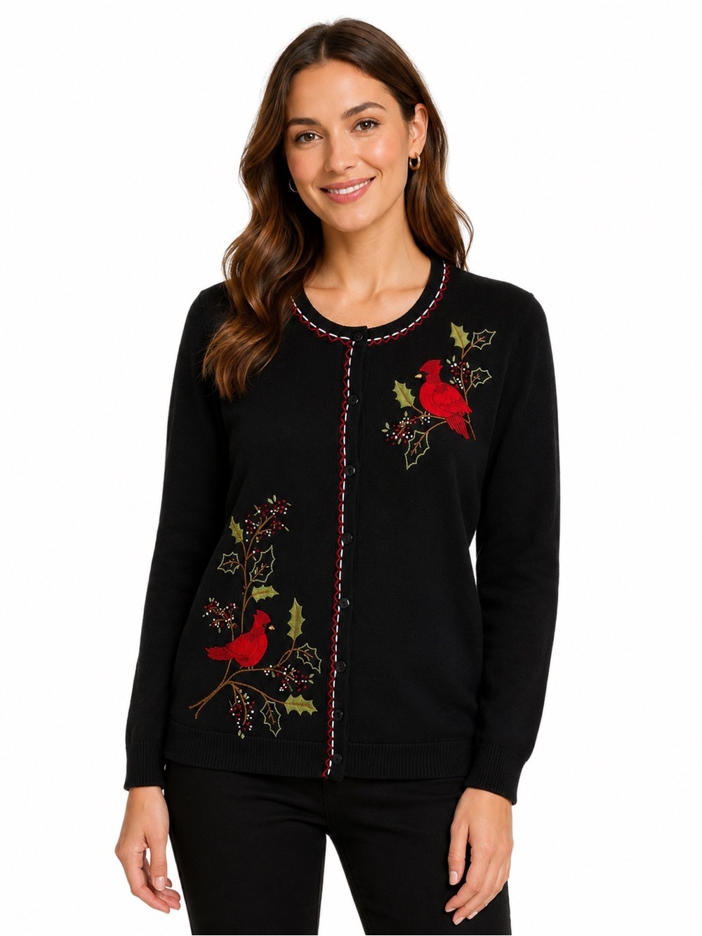 Alfred Dunner Cardinal Christmas Sweater Embroidered Bird Cardigan M
